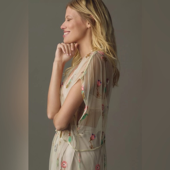 Anthropologie NWT BL^NK Sheer Embroidered Overlay Duster Cream Tan Pink One Size - Picture 4 of 14